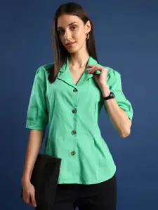 Hancock Women Classic Cuban Collar Solid Cotton Formal Shirt