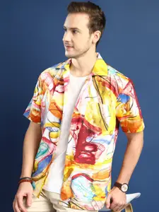 Hancock Men Comfort Cuban Collar Abstract Printed Cotton Relaxed Fit Casual Shirt