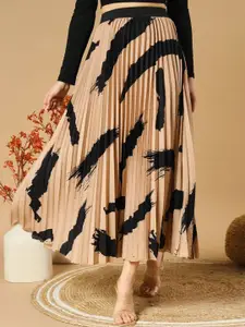ZWERLON Geometric Printed  Pleated Flared Maxi Skirt
