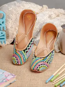 House of Pataudi Women Hand Embroidered Leather Mojaris Flats