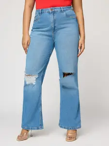 FREAKINS Women Wide Leg High-Rise Slash Knee Heavy Fade Jeans