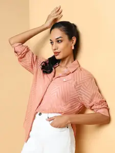 SHOWOFF Women Spread Collar Chevron Self Design Slim Fit Casual Shirt