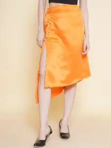 KATLINE Solid High Low Knee Length Skirt