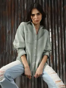 High Star Women Classic Spread Collar Vertical Striped Cotton Oversized Casual Shirt