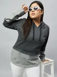 Club York Women Plus Size Colourblocked Cotton Hooded Sweatshirt