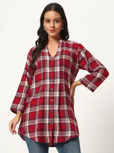 VELDRESS Women Mandarin Collar Tartan Checked Crepe Casual Shirt