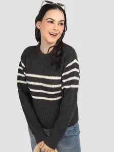 CHKOKKO Women Round Neck Striped Woollen Pullover