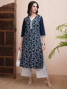 Vishudh Floral Embroidered V-Neck Thread Work Straight Kurta