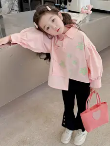 StyleCast x Revolte Girls Pink & Green Printed Pure Cotton Top with Palazzos