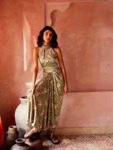 Global Desi Printed Halter Neck Top With Skirt