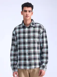 Flying Machine Men Spread Collar Tartan Checked Cotton Oversized Casual Shirt