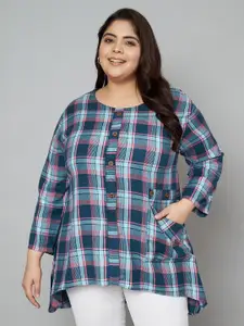 VELDRESS Women Plus Size Collarless Tartan Checked Crepe Casual Shirt