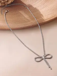 Rubans Rhodium Plated AD & Cubic Zirconia Studded Bow Design Statement Necklace