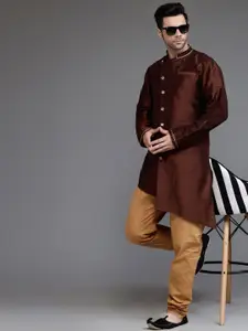 Utsav Fashion Mandarin Collar Contrast Trim Angrakha Straight Kurta with Churidar