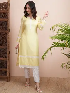 Vishudh Yellow Floral Embroidered Notch Neck Straight Kurta