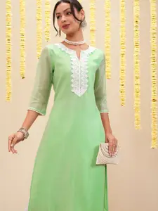 Vishudh Green Floral Embroidered Notch Neck Straight Kurta