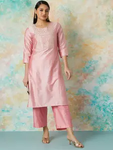 Melange by Lifestyle Woven Design Floral Embroidered Thread Work Straight Kurta