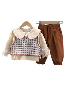 StyleCast x Revolte Girls Printed Pure Cotton Top with Trousers & Waistcoat