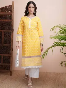 Vishudh Yellow Floral Embroidered Notch Neck Straight Kurta