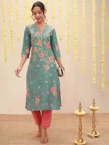 Vishudh Floral Printed V-Neck Straight Kurta