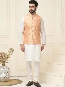 SOJANYA Mandarin Collar Silk Cotton Straight Kurta with Churidar & Nehru jacket