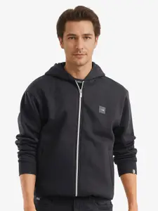 RARE RABBIT Men Solid Hood Cotton Front-Open Sweatshirt