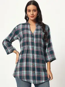 VELDRESS Women Mandarin Collar Tartan Checked Crepe Casual Shirt