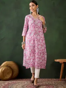 Sangria Floral Printed Thread Work Pure Cotton Straight Kurta