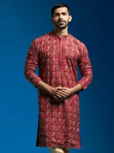 VASTRAMAY Floral Printed Mandarin Collar Sequins Chiffon Straight Kurta