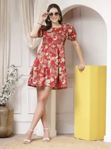 Indibelle Floral Printed Puff Sleeve Fit & Flare Mini Dress