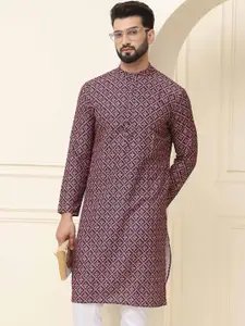 SOJANYA Ethnic Motifs Printed Band Collar Pure Cotton Straight Kurta