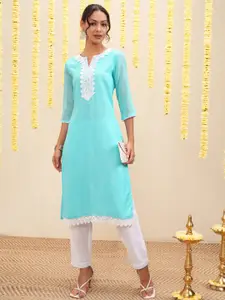 Vishudh Floral Embroidered Notch Neck Straight Kurta