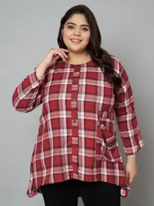 VELDRESS Women Plus Size Collarless Tartan Checked Crepe Casual Shirt