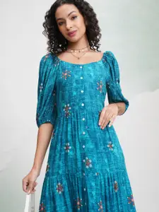 Vishudh Floral Print Puff Sleeve Fit and Flare Midi Dress