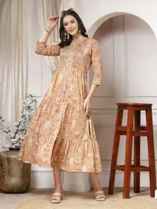 Indibelle Women Floral Printed Pleated Cotton Midi Dress