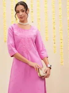 Vishudh Floral Embroidered Round Neck Cotton Straight Kurta