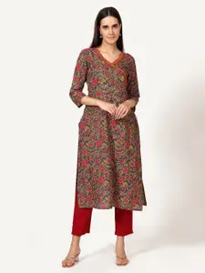 Saffron Threads Floral Printed Mirror Work V-Neck Angrakha Straight Kurta