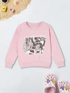 max Girls Graphic Printed Round Neck Cotton Pullover Sweatshirt