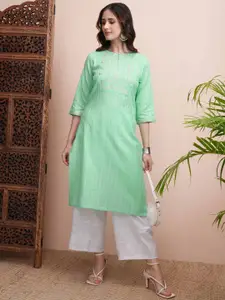 Vishudh Floral Yoke Design Keyhole Neck Thread Work Straight Cotton Kurta