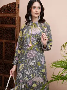 Vishudh Floral Print Tie-Up Neck Cuffed Sleeves A-Line Midi Dress
