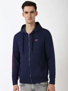 Peter England Casuals Men Alphanumeric Printed Hood Cotton Front-Open Sweatshirt