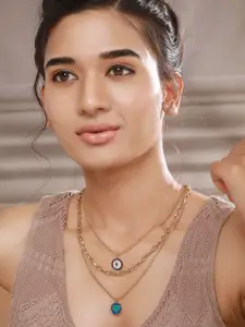 Jazz and Sizzle Brass Gold-Plated Evil Eye Charm Beaded Layered Necklace