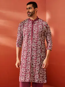 VASTRAMAY Floral Embroidered Mandarin Collar Georgette Straight Kurta