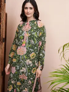 Vishudh Floral Printed Tie-Up Neck A-Line Midi Dress