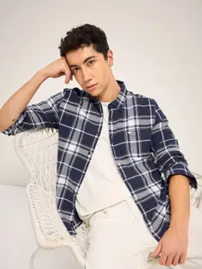 THE BEAR HOUSE Men Button-Down Collar Tartan Checked Cotton Slim Fit Casual Shirt