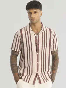 Snitch Men Relaxed Cuban Collar Vertical Striped Cotton Boxy Casual Shirt