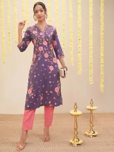 Vishudh Floral Printed V-Neck Straight Kurta
