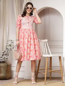 Indibelle Women Floral Printed Cotton Tie-Up Neck Fit & Flare Dress