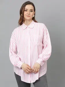 Kotty Women Comfort Spread Collar Vertical Striped Cotton Oversized Casual Shirt