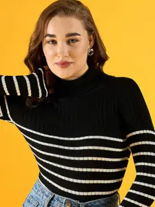 98 Degree North Women Cotton Striped Turtle Neck Long Sleeves Pullover